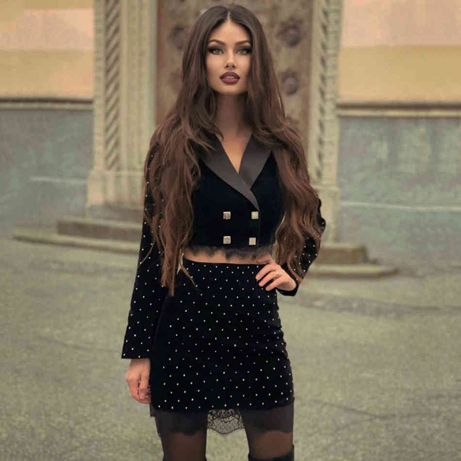 Women's Velvet Skirt Two-piece Slim Sexy Lapel Long Sleeve Lace Short Jacket & Club Party Shiny Set 210524