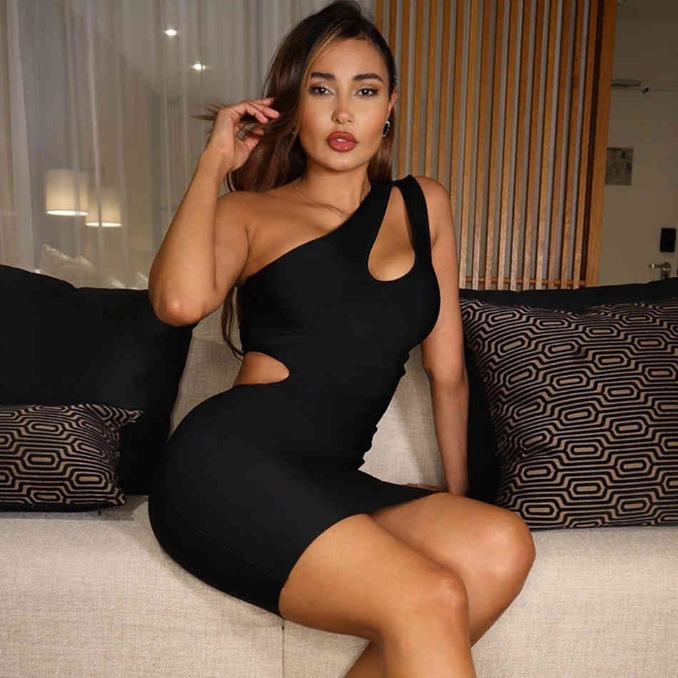 Summer Women Black One Shoulder Bandage Dress Sexy Sleeveless Hollow Out Club Celebrity Runway Bodycon Party 210423