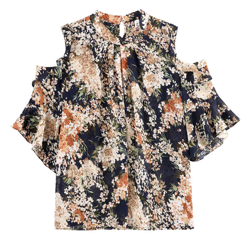 Summer Off-the-shoulder Chiffon Blouse Women OL O Neck Floral Flare Sleeve Shirts Plus Size Printing Clothing 13747 210508
