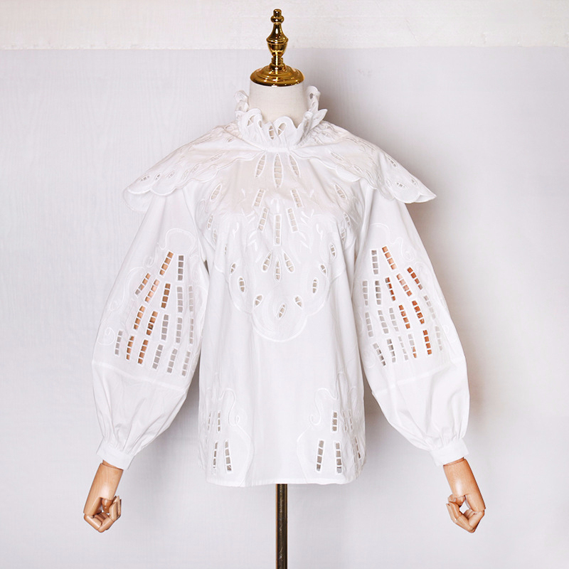 White Hollow Out Shirt For Women Stand Collar Lantern Sleeve Casual Solid Blouse Female Spring Fashion Clothes 210524