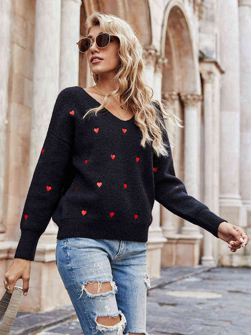 Fitshinling V Neck Embroidery Heart Sweater Women Pullover Knitwear Korean Style Kawaii Jumper Winter Casual Sweaters Tops Sale 211109