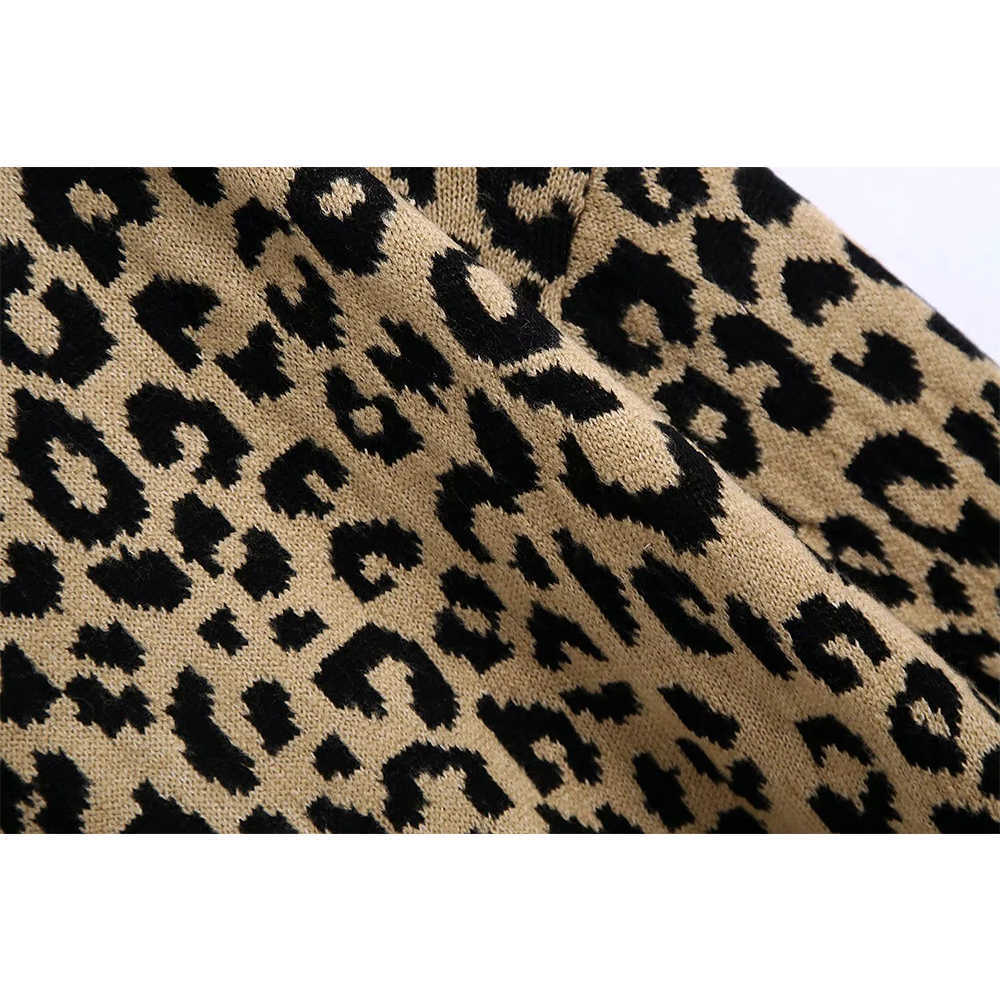 Fall Winter Women Knit Cardigan Lepard Printed V-neck Long Sleeves Sweater Casual Fashion Chic Woman Knitted Coat 210709