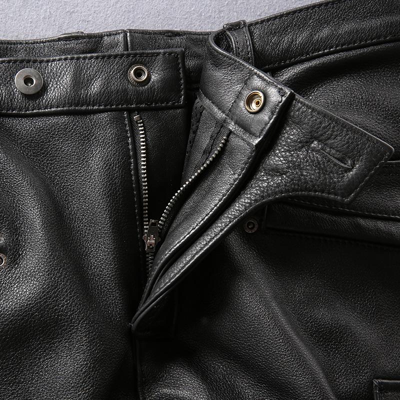Designer Genuine Leather Men's Brand Profession Motorcycle Biker Long Trousers Vintage Large Size Soft Cowskin Black Pants