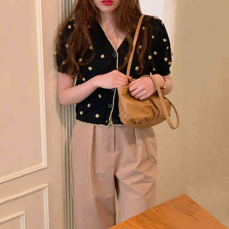Women Sets Summer Korean Chic Retro V-Neck Three-Dimensional Fur Ball Knitted Sweater High-Waist Casual Trousers 210514