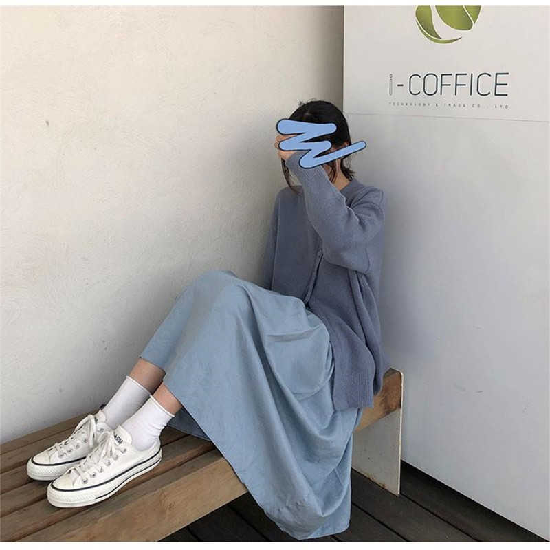 Spring And Summer Long Haze Blue Skirts Women High-Waisted Harajuku Elelgant Skits Japanese Style Campus Long Skirts 210619wtt