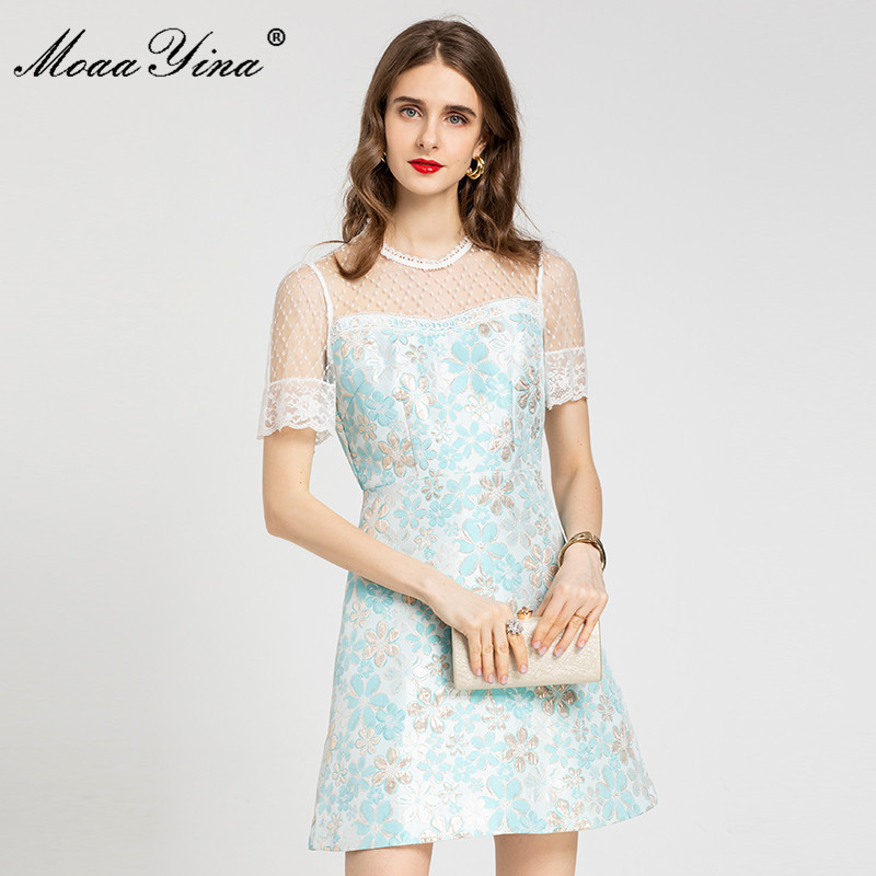 Fashion Runway Summer Short Jacquard Dress Women's Mesh Lace Sleeve Splice Flower Print Vintage Party Mini 210524