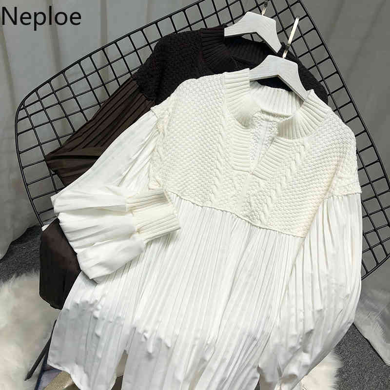 Naploe Fall Clothes Vintage Sweaters Women Patchwork Loose Knitted Pullovers V-neck Lantern Sleeve Pleated Jumper Tops Female 210422