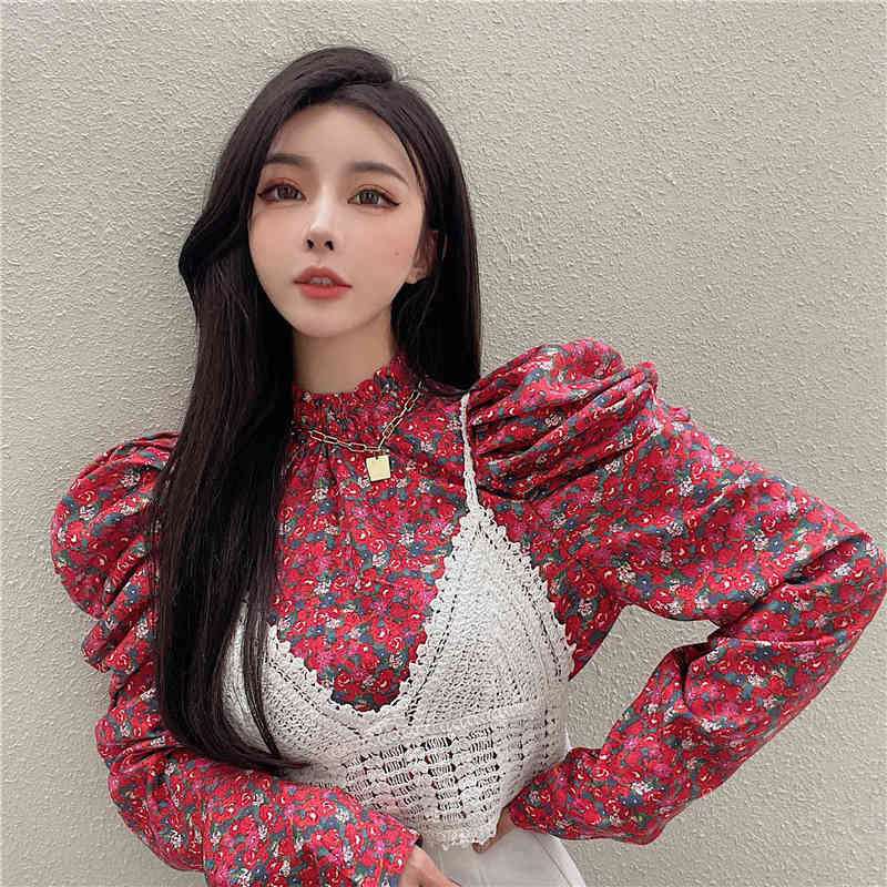 Nomikuma Spring New Women Two Piece Sets Vintage Stand Neck Puff Sleeve Pullover Blusas + Hook Hollow-out Sling Vest 6D915 210427