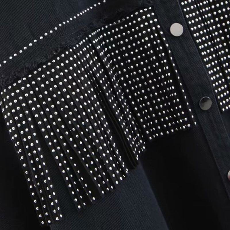 Black Studded Fringed Denim Shirt-style Women's Jacket Simple Large Size Autumn Lapel Long Sleeve Female Coat 210507