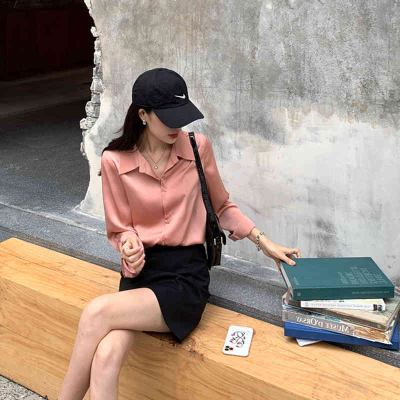 French Style Fashion Vintage Blouse Silky Satin Shirts Long Sleeve Shirt Women Solid 4 Colors Turn-down Collar Ladies Tops 11045 210506