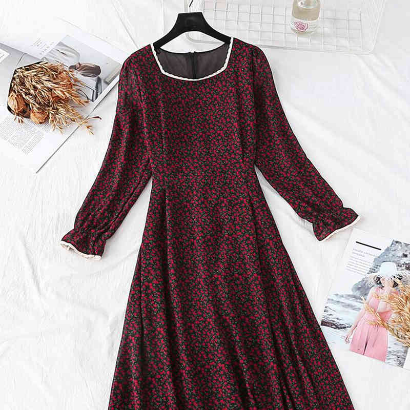 Chiffon Dress Women Spring Vintage Korean Fashion Floral Long Sleeve Dress Casual High Waist Ruffled Long Dress Vestidos 210521