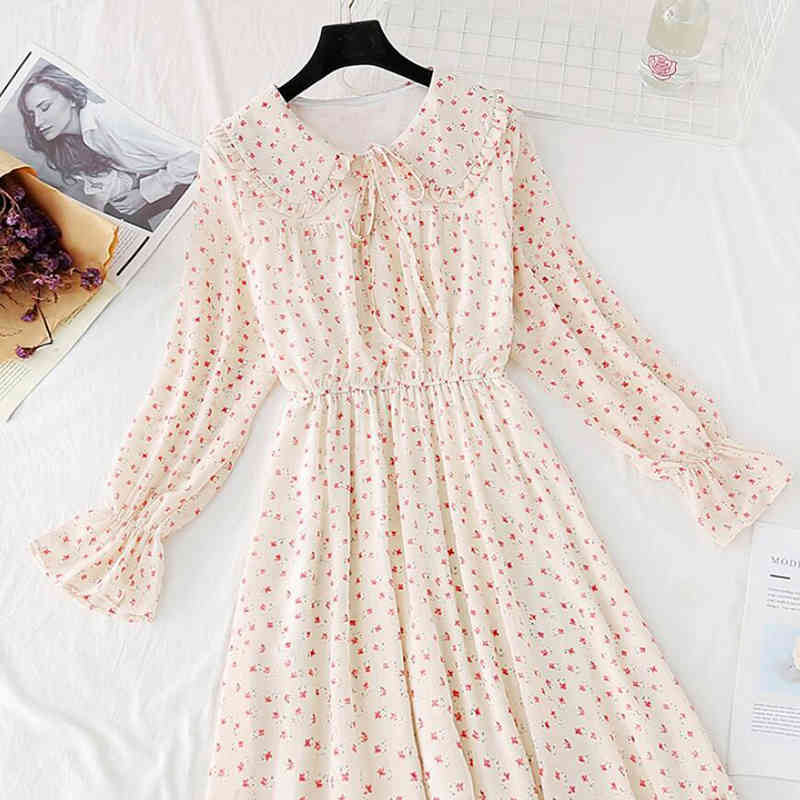 Sweet Polka Dot Printed Chiffon Dress Women Vintage A-line Flare Sleeve Doll Collar Ruffled Dresses Spring Summer Dress 210521