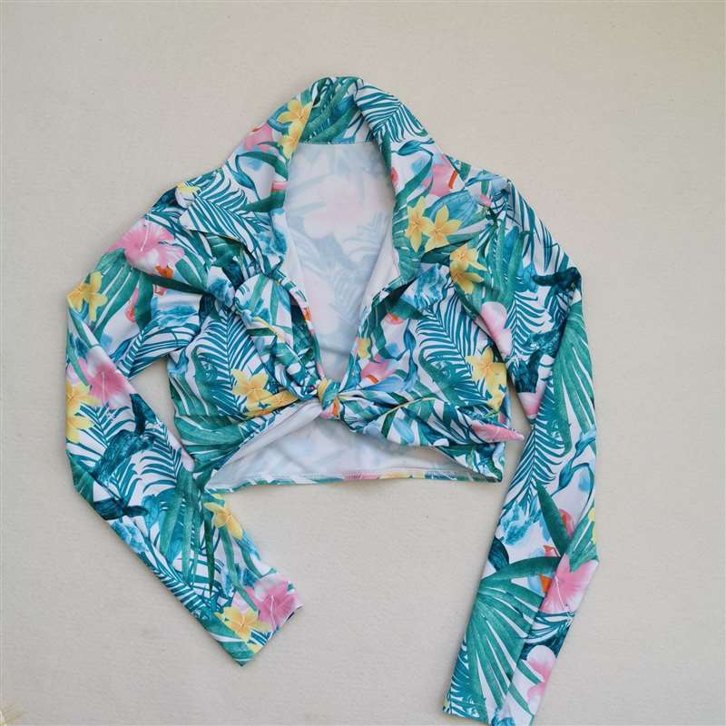 Sexy Plus Size Swimwear Women Leaves Print Bikini Long Sleeves Swimsuit Female High Waisted Bathing Suits Summer Beach Wear 210520