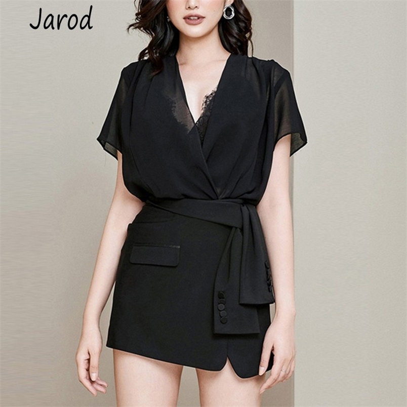 est Fashion Designer Suits Summer Women Sexy Deep V Neck Black chiffon shirt tops + Button Mini Skirt Set 210519
est Fashion Designer Suits Summer Women Sexy Deep V Neck Black chiffon shirt tops + Button Mini Skirt Set 210519