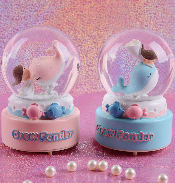 Crystal Ball Music Box Pink Girl Star Moon Rainbow Unicorn Glowing Snowflakes Music Box Home Decoration Desktop Ornament 210319