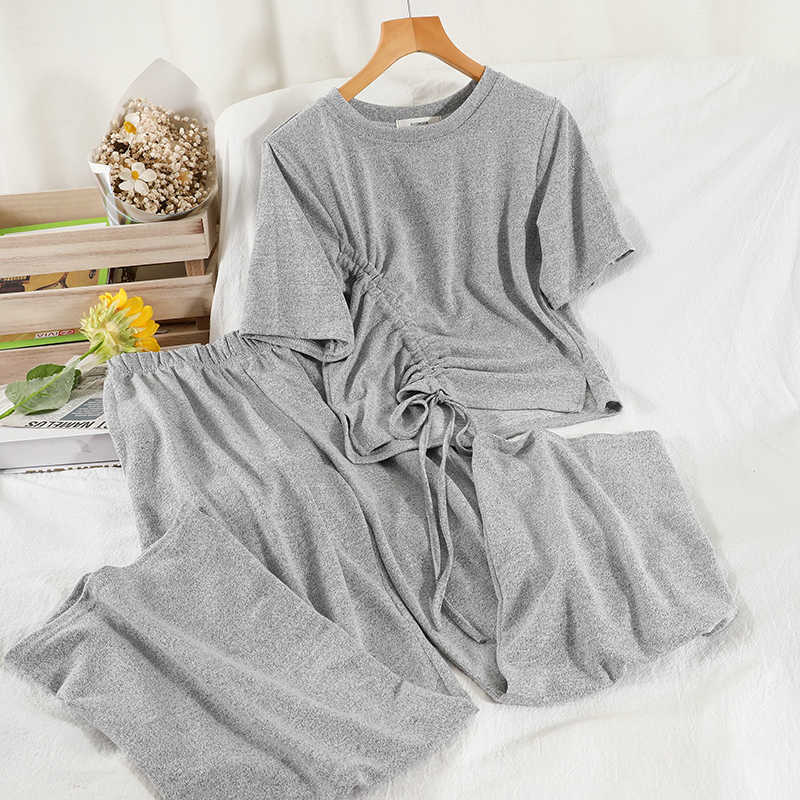 DEAT Women Drawstring Round Neck T-shirt Long Pants Arrivals Two Piece Set Temperament Fashion Spring Summer 11D839 210709