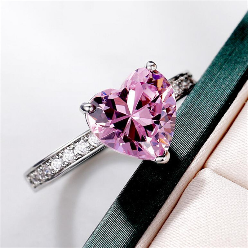 Size 6-10 Simple Fashion Jewelry Wedding Rings 925 Sterling Silver Heart Shape 5A White Pink Topaz CZ Diamond Gemstones Party Women Engagement Bridal 