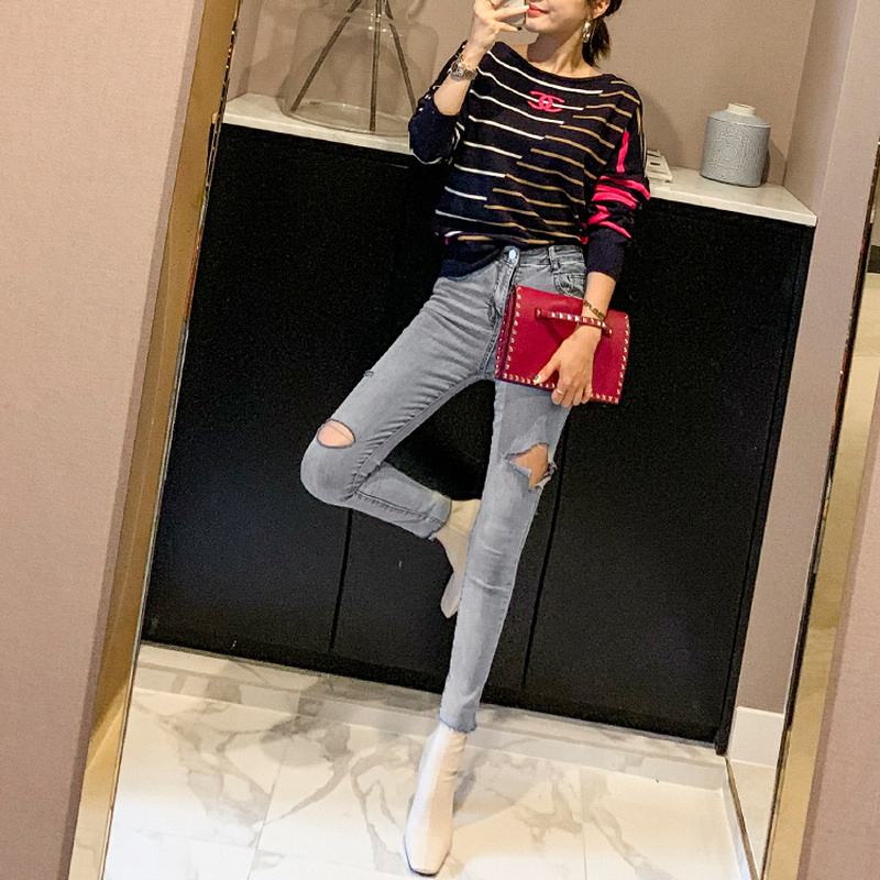 Fashion Vintage Skinny Blue Cotton Korean Slim Cool Denim Trousers Hole Ripped Jeans Autumn High Waist Woman 10416 210518