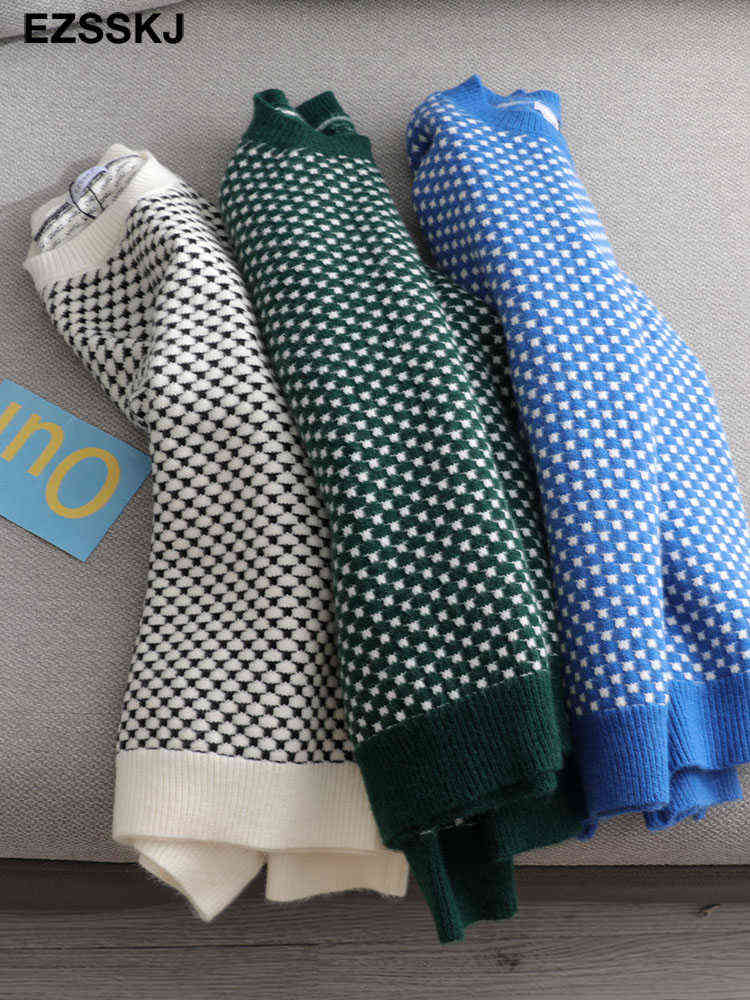 oversize blue dot Sweater Pullovers Women winter autumn thick O-neck chic sweater long sleeve sweater top 211109