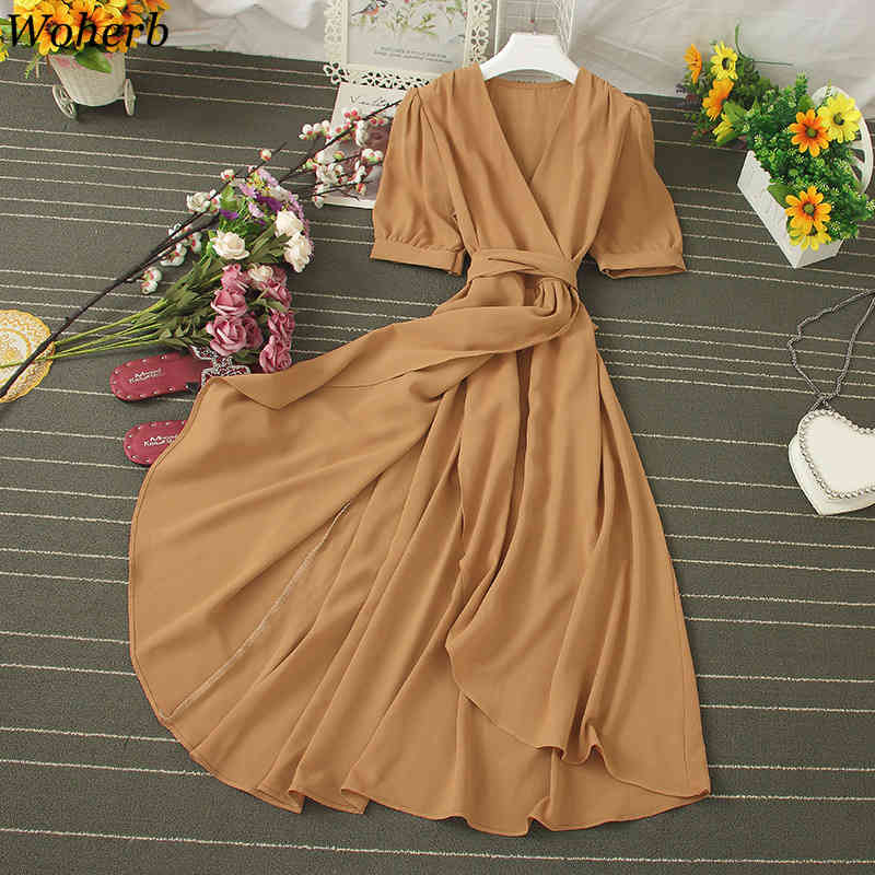 V-neck Chic Short Sleeve Dress Women Solid Bandage Waist Vestidos Casual All Match Asymmetrical Dresses Summer Robe 210519