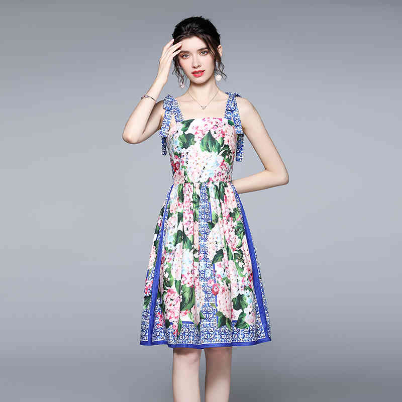 Fashion Summer Boho Dress Women's Spaghetti Strap Blue and white Floral Printed Casual Slim vestidos 210519