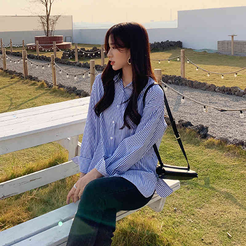 Korean Style Spring Blouse Women Casual Long Sleeve Cotton Striped Shirt for Cardigan Plus Size Ladies Tops 9196 50 210508