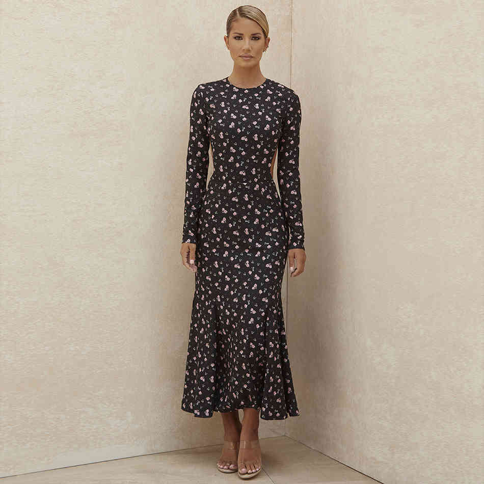 Free Women's Mermaid Print Dress Sexy O-neck Long Sleeve Bodycon Halter Club Midi Celebrity Party 210524