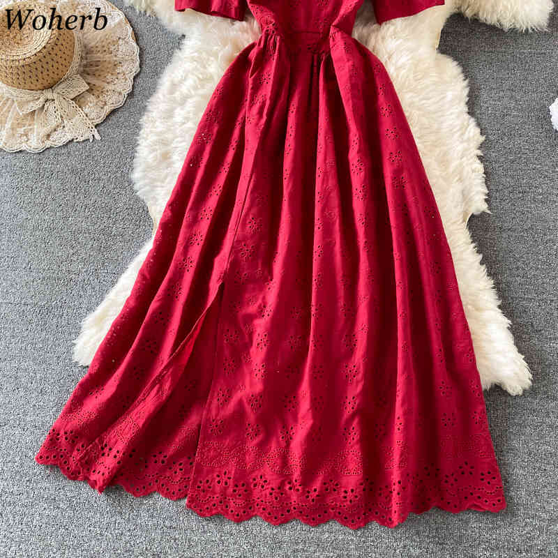 Summer Vestidos Mujer Chic Hollow Out Crochet Floral Vintage Dress Square Collar Puff Sleeve Split Maxi Dresses Women 210519