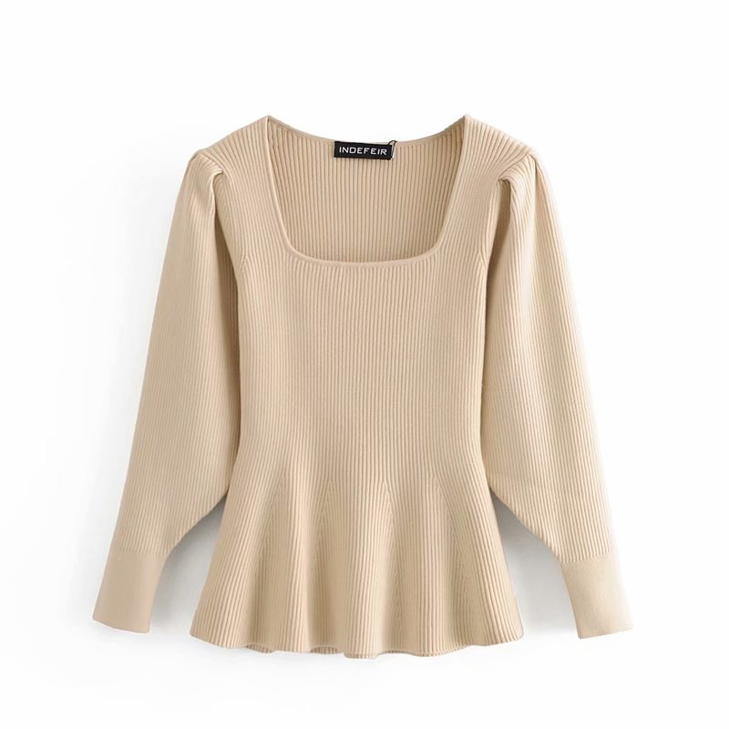 Elegant Woman Slim Stretchy Square Collar Sweater Spring Autumn Casual Ladies Soft Puff Sleeve Knitwear Female Chic Tops 210515