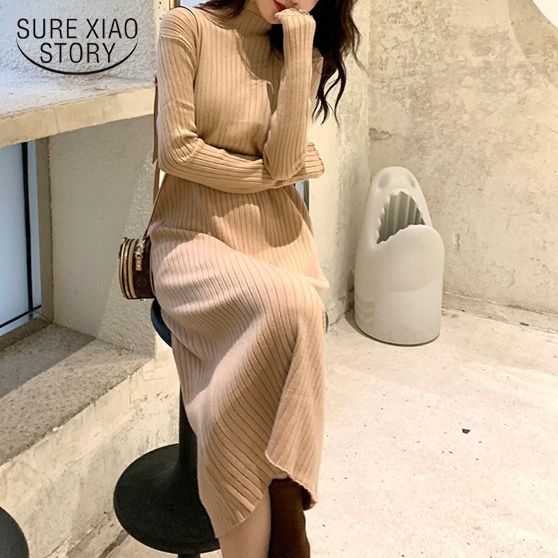 Autumn Elegant Mid-calf Dress Long Half Turtleneck Women Winter Knitted Jumper Solid Wool Korean Clothes Chic 11952 210510