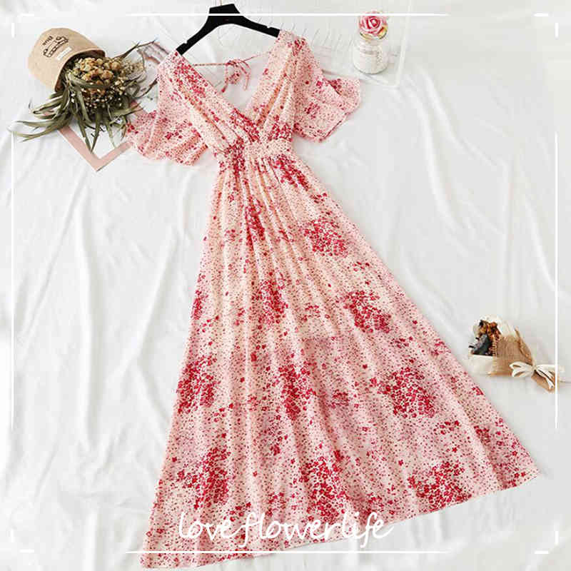 Bohemia V-neck Long Dress Summer Women Floral Print Chiffon Dress Female Short Sleeve Backless Ruffles Vestidos 210521, Flowers 22