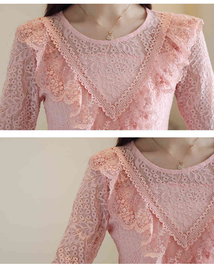 dames blouse zomer sexy hollow lace shirt flare long sleeve women shirts ruffles o-neck tops 2626 50 210427