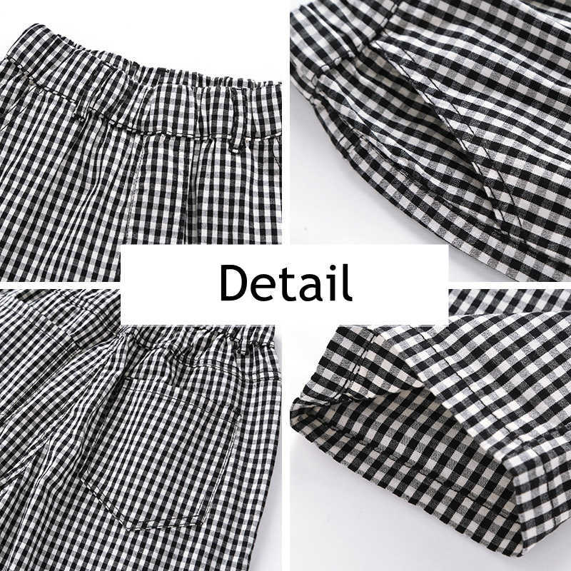 Fashion Big Girls Plaid Pants Korean Cotton Elastic Waist Nine Pant Loose Trousers for Teenage School Girl Children Clothes 210622