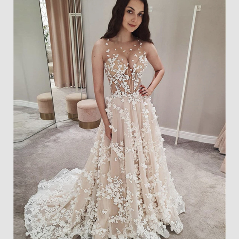 2022 Champagne Lace Wedding Dresses Formal A Line Boho Backless Illusion Bodice Bridal Gowns, White
2022 Champagne Lace Wedding Dresses Formal A Line Boho Backless Illusion Bodice Bridal Gowns, White