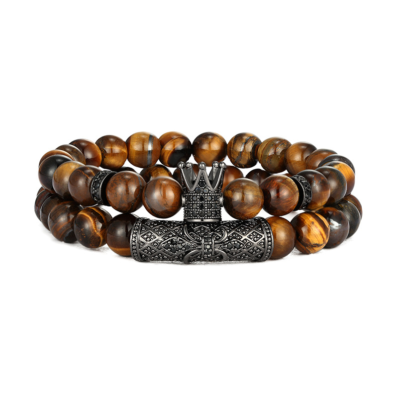 High Quality Tiger Eye Beads Strands Bracelets CZ Copper Tube Crown Charm Bracelet 2PCS/Set
