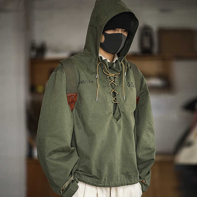 Maden male Hooded Pullover Long Sleeve Deck Parker Jacket Drawstring Neckline Workwear Green Cuffs Ribbon Closure 210813