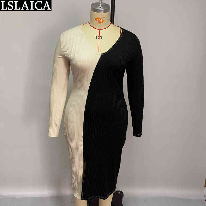 Plus Size Dresses for Women Fashion Long Sleeve V Neck Split Maxi Dress Color Matching Autumn Slim Office Lady Ropa Mujer 210515