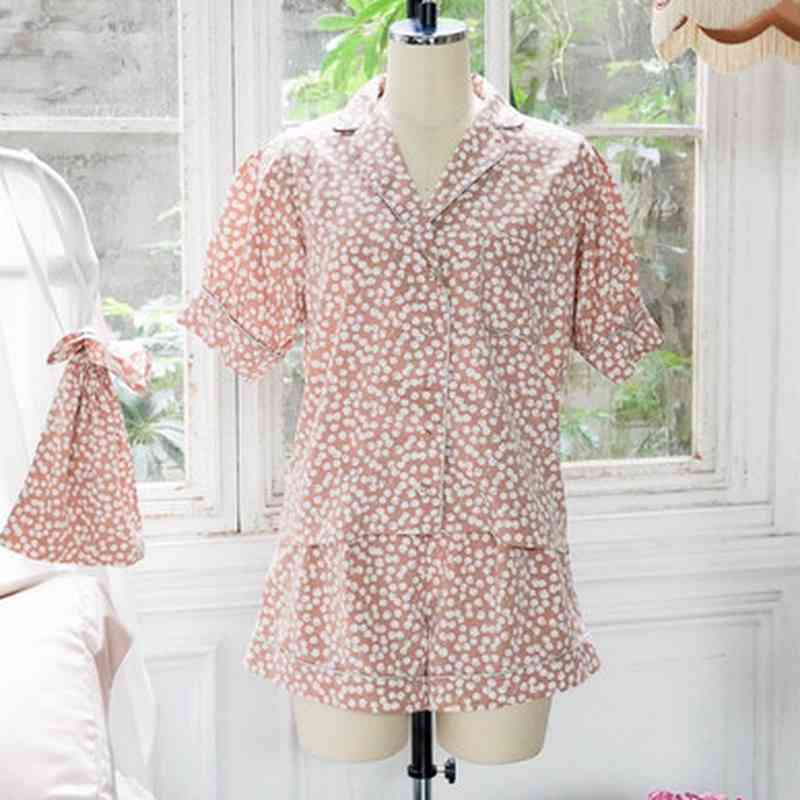 Vintage Print 2 Pcs Women Set Turn Down Collar Short Sleeve Shirt + High Waist Wide Leg Shorts Spring Pajama Suit 210524