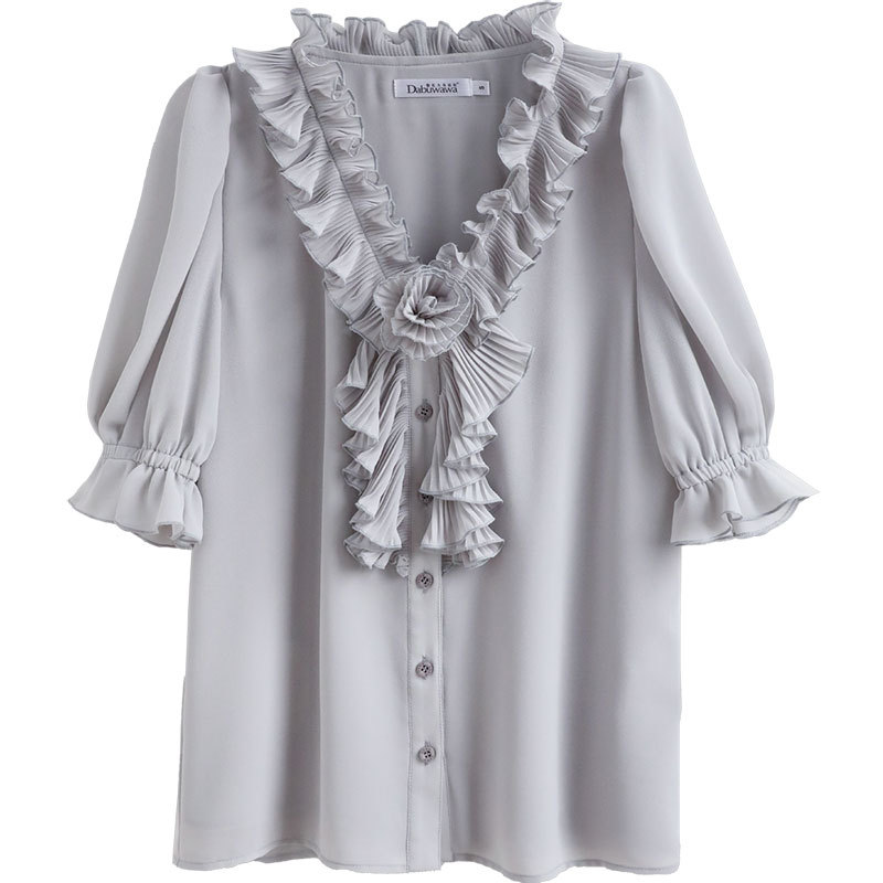Dabuwawa Exclusive Ruffle V-Neck Chiffon Blouse Women Tie Flower Front Puff Short Sleeve Casual Shirts Tops Women DO1BCF002 210520