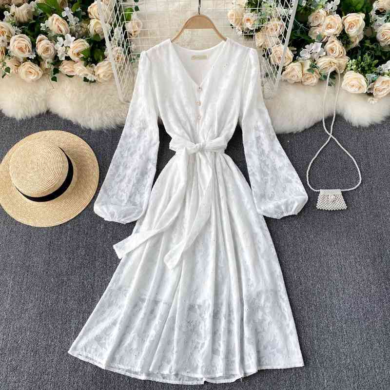 FLF Spring Autumn V Neck Solid Puff Sleeve A Line Dress Vintage Full High Waist Mid-Calf Women Floral Print Dresses 210521