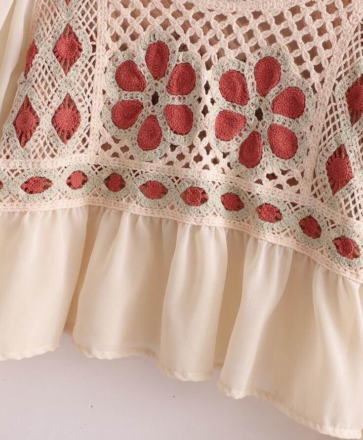 Ethnic Retro Long Puff Sleeve Spliced Lace Crochet Flower Short Shirt Women Loose Pullover Cropped Blouse Girl's Tops 210429