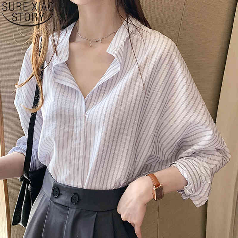 Fashion Striped Shirt Women Summer Long Sleeve Office Lady Thin Sunscreen s and Blouses Tops 11391 210506
