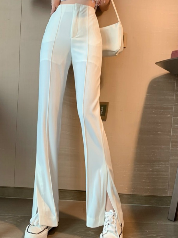 Women's Flare Pants Summer Solid Black White High Waist Pant Woman Office Lady Long Trousers Split Pantalon 210514
