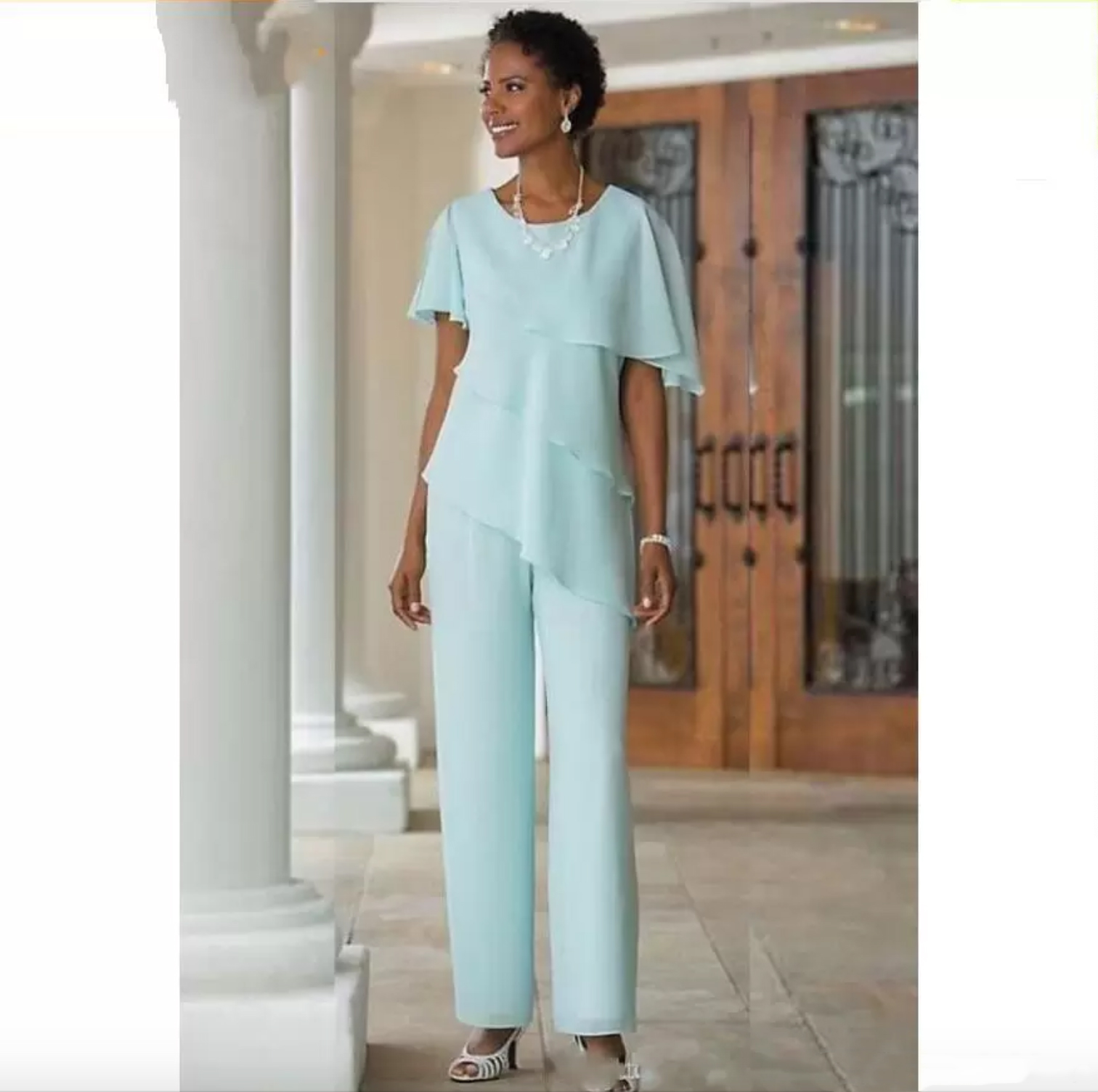 Mint Mother of the Bride Pants Suits Wedding Guest Dress Silk Chiffon Short Sleeve Tiered Mother of Bride Pant Suits Custom Made