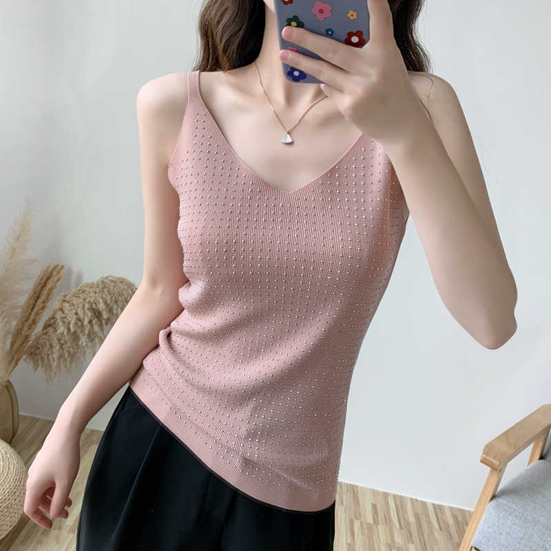Korean Fashion Women Tops Woman V-neck Knited Camis Sleeveless Takn Rivet Solid Tees Sumer Halter 210531