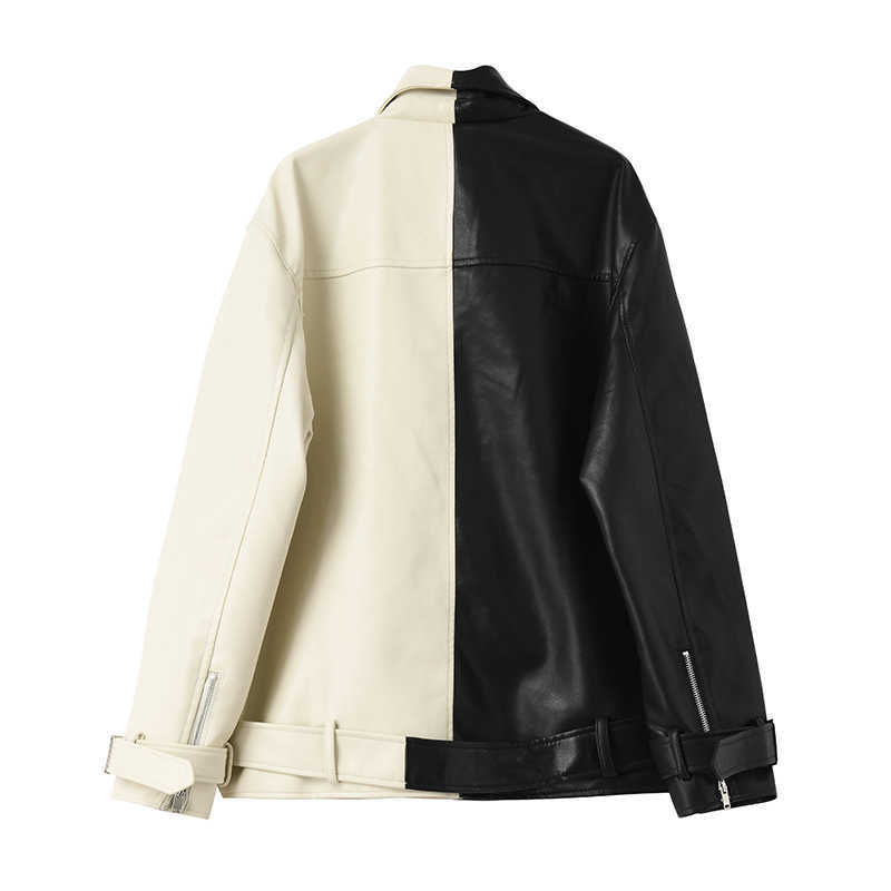 FTLZZ Spring Autumn Lapel Splicing Pu Leather Jacket Women Moto Frenulum Faux Soft Leather Coat Casual Loose Outwear With Belt 210908