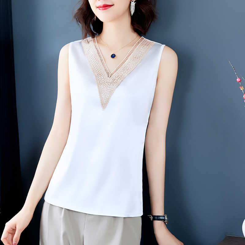 Korean Fashion Silk Tank Top Women Satin Office Lady Sleeveless Lace s Plus Size XXXL/5XL Clothing for 210531