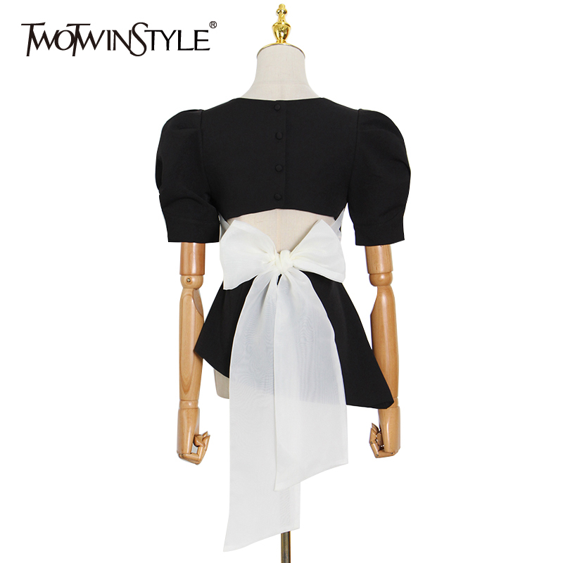 Casual Patchwork Bowknot Shirt For Women V Neck Puff Short Sleeve Hollow Out Irregular Hem Slim Blouses Female 210524, White
Casual Patchwork Bowknot Shirt For Women V Neck Puff Short Sleeve Hollow Out Irregular Hem Slim Blouses Female 210524, White