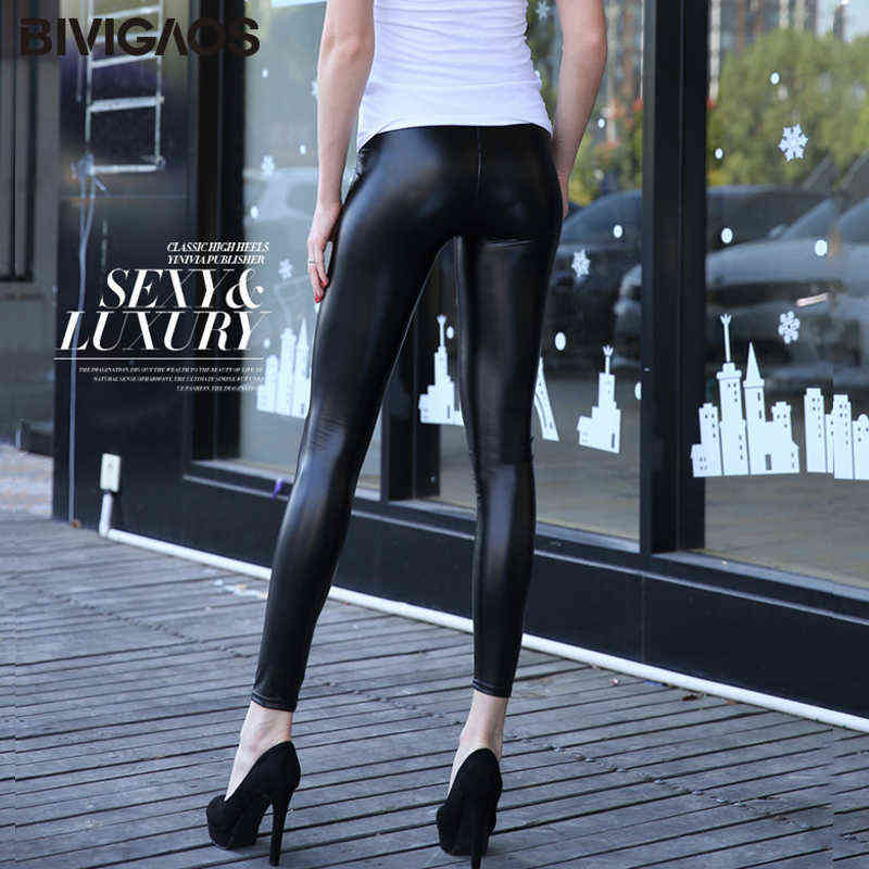 BIVIGAOS Womens Autumn Winter High Waist PU Leather Leggings Pants Sexy Black Warm Female Shinny Elastic Trousers Women 211115
