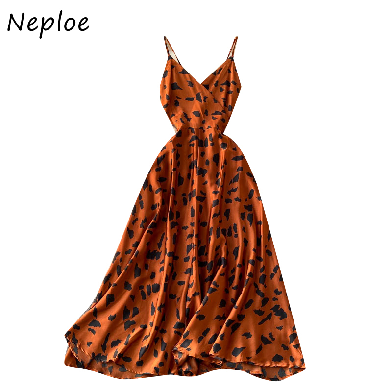 Neploe Vintage Print Holiday Long Dress Women High Waist Hip A Line Vestidos Summer Dresses V Neck Sleeveless Camis Robe 210422